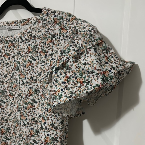ZARA Floral Print Ruffle Sleeve T-Shirt Top Women Size L - Picture 3 of 9